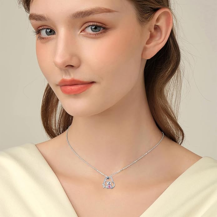 PELOVNY Teddy Bear Necklace for Women 925 Sterling Silver Bear/Highland Cow/Fox/Cat/Axolotl Birthstone Necklace Christmas Birthday Jewelry Gifts for Mom Daughter Wife Sister