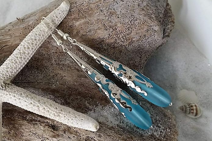 Handmade Sea Glass Earrings, Hawaiian Jewelry for Women, Long Teardrop Earrings Beach Jewelry, Sea Glass Jewelry For Women Birthday Gift For Her
