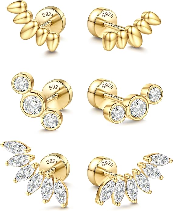14K Gold Plated Solid 925 Sterling Silver Post Flat Back Earrings Stud | Cartilage Helix Conch Tragus Piercing Jewelry 3 Pairs Tiny Screw Dainty CZ Opal Earring Set Men Women
