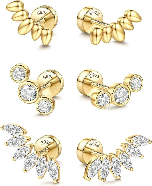 14K Gold Plated Solid 925 Sterling Silver Post Flat Back Earrings Stud | Cartilage Helix Conch Tragus Piercing Jewelry 3 Pairs Tiny Screw Dainty CZ Opal Earring Set Men Women