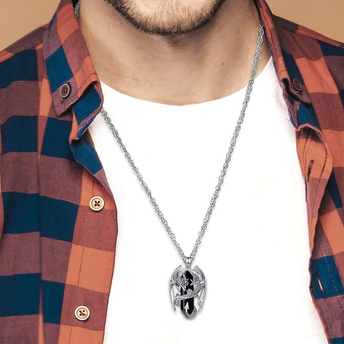 INFUSEU Unique Dragon Necklaces with Healing Crystal Stone for Men Women, Personalized Spiritual Gifts, 24 Inch Chain