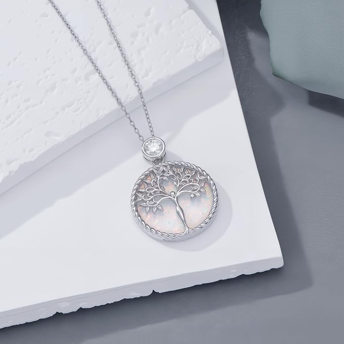 Tree of Life Moissanite Necklace, 925 Sterling Silver 0.5 Carat Moissanite Abalone Shell/Opal/Black Onyx/Turquoise/Malachite/Tiger Eye Stone Tree of Life Pendant Necklaces Jewelry Gift for Women Mom