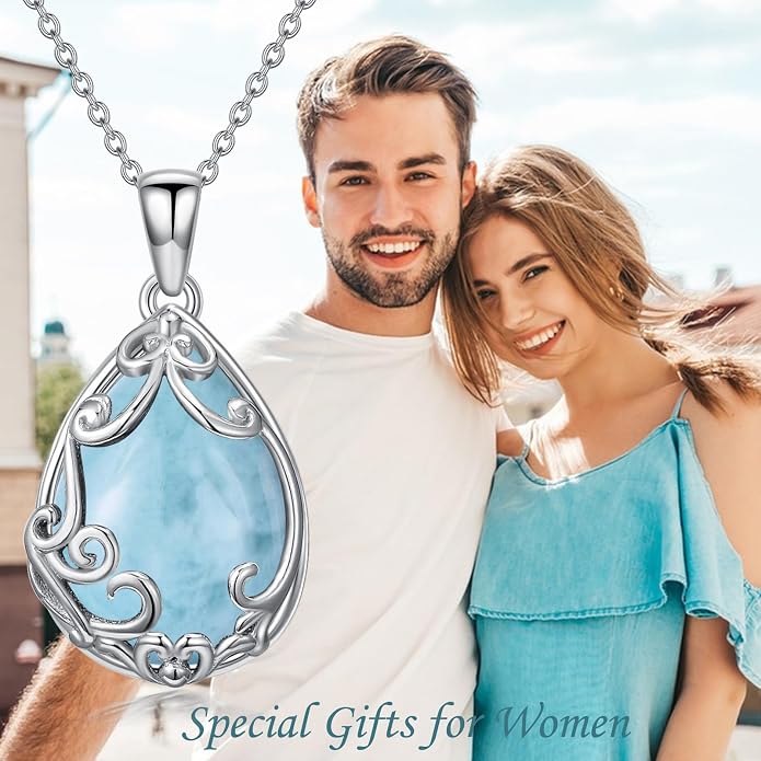 HPQQ Teardrop Necklace 925 Sterling Silver Filigree Gemstone Pendant Necklace Fine Jewelry Birthday Mother's Day Gifts for Women Her Mom