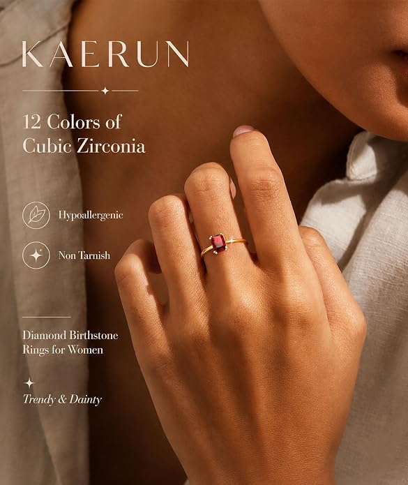 KAERUN Gold Birthstone Rings for Women Non Tarnish 14K Gold Plated Stackable CZ Thumb Eternity Rings Dainty Emerald Green Gemstone Engagement Ring for Mother Lover Birthday Jewelry Gifts Size 6-10