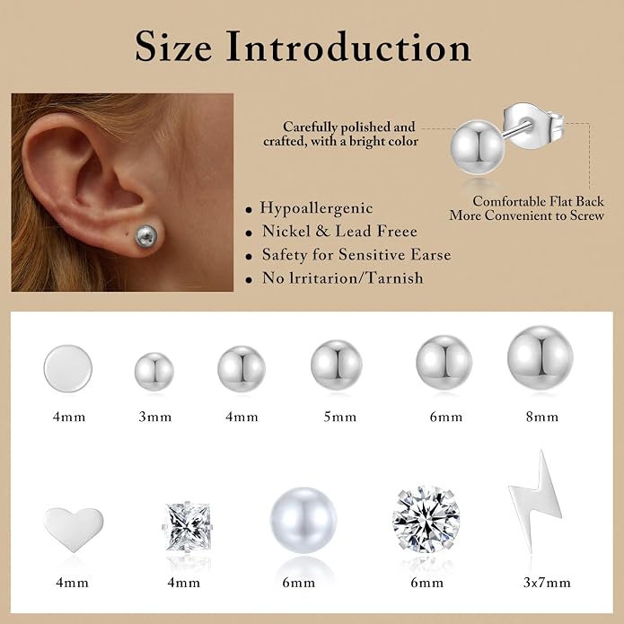 Stud Earrings Set for Women, 14K Gold Plated Hypoallergenic Heart Pearl Ball Studs Pack 316L Stainless Steel CZ Earrings Multi-Style & Size 3-8mm