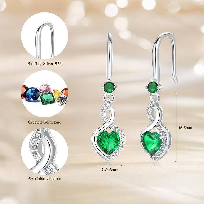 FANCIME Heart Infinity Dangle Drop Earrings 925 Sterling Silver Heart Gemstone Birthstone Earring