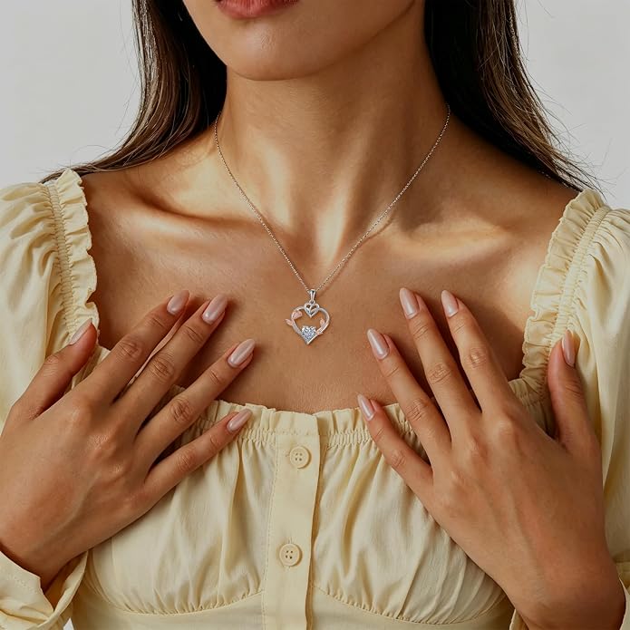 Rose Heart Necklaces for Women - 925 Sterling Silver Gold Rose Birthstone Pendant Jewelry for Girlfriend Daughter - Anniversary Birthday Christmas Valentines Day Mother’s Day Jewelry Gifts for Women Wife Her Girls Mom