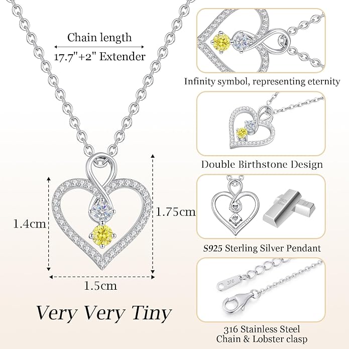 LOUISA SECRET Double Birthstone Necklaces for Women, 925 Sterling Silver Infinity Love Heart Pendant Necklace for Her, Birthday Anniversary Valentine's Day, Christmas, Wedding, Graduation Gift for Her, Personalized Gifts, Jewelry Gifts for Wife Mom Gir...