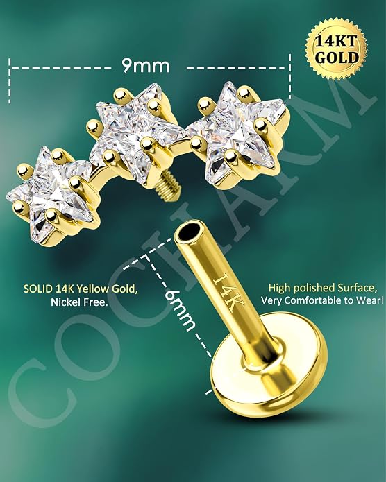 COCHARM 14K Real Gold Star Helix Cartilage Conch Earring Stud 16g Flat Back Solid Gold Helix Conch Piercing Jewelry 16g 6mm 8mm 14Kt Cartilage Stud Jewelry Internally Threaded