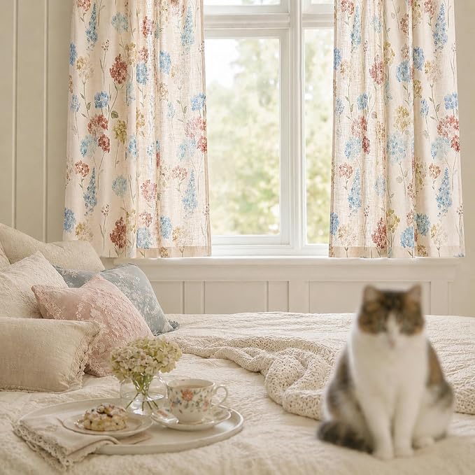 jinchan Floral Linen Curtains 63 Inch Vintage Cottagecore Back Tab 2 Panels | Light filtering drapes, semi sheer, farmhouse, botanical, watercolor, living room, bedroom, rod pocket, window treatment