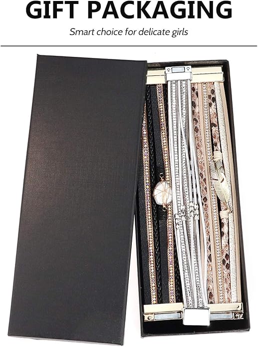 Wowanoo 3Pack Leather Cuff Bracelet Set Multilayer Wrap Bracelet Crystal Feather Tree Bracelet Magnetic Clasp Bracelet for Women