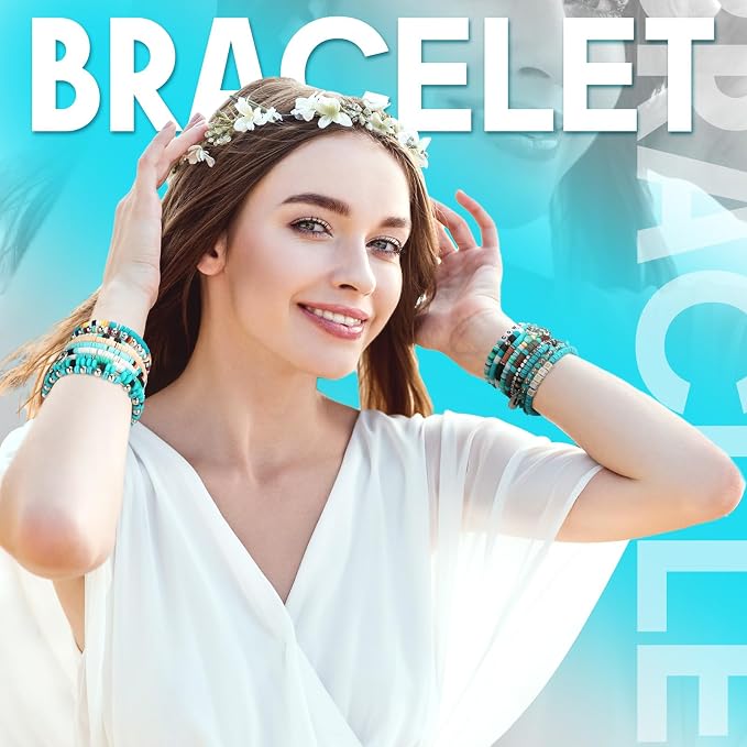 Landical 64 Pcs Western Cowgirl Bracelets Set Summer Turquoise Beaded Bracelet Bohemia Charm Natural Stackable Beach Western Jewelry for Women Goody Bag Fillers Party Favors Packs