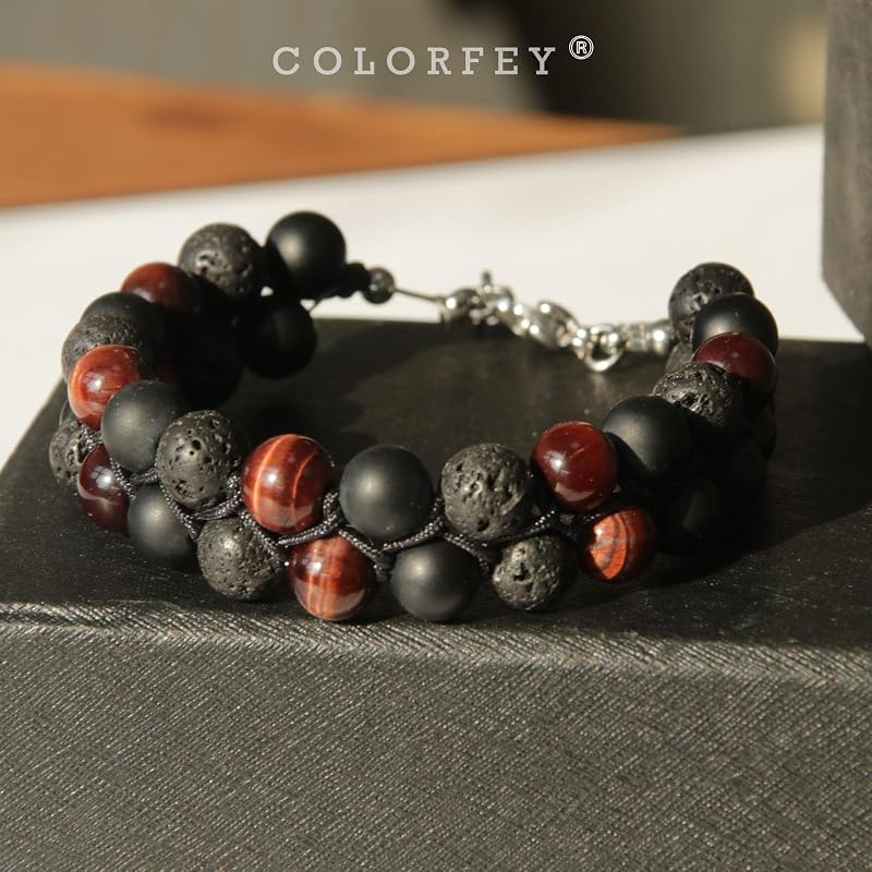 Protection Crystals Tiger Eye Beads Bracelet Natural Healing Red Tiger Eye Black Onyx Lava Stone Bracelet Mens Beaded Bracelets for Peace, Handmade Energy Jewelry for Father Husband Son