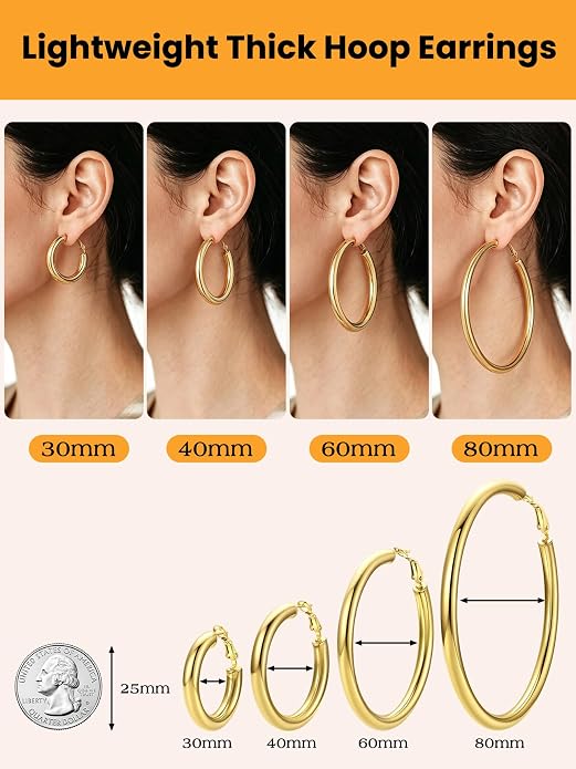 Bestyle 5mm Thick Gold Hoop Earrings Hypoallergenic Hoops for Sensitive Ears Trendy Lightweight Chunky Earrings for Women 30/40/60/80mm