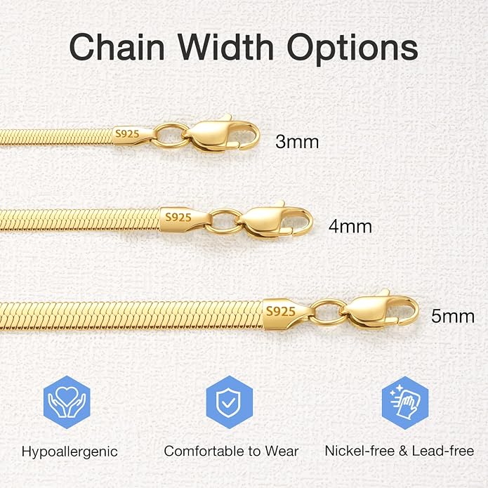 Jewlpire 3mm 4mm 5mm Herringbone Necklace 18K Gold Plated 925 Sterling Silver Chain Necklace for Women, Flat Snake Chain Necklace, Women's Chains Necklaces 16 18 20 22 24 Inch