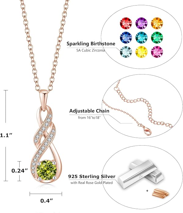 Birthstone Necklaces for Women 925 Sterling Silver Infinity Pendant Created Gemstone Jewelry for Her, 16"+2"
