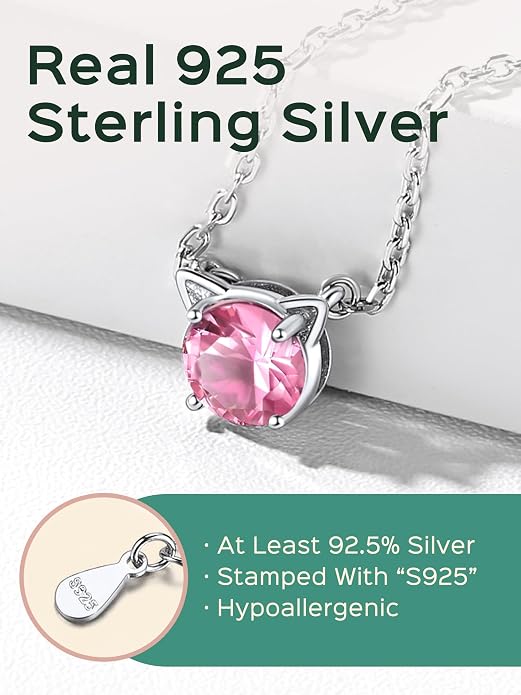 ChicSilver Bow and Cat Birthstone Necklace, 925 Sterling Silver Pendant Necklaces for Women, Hypoallergenic Silver Choker with 16 inch Rolo Chain, 12 Months Jewelry for Valentines Mothers Day Christmas