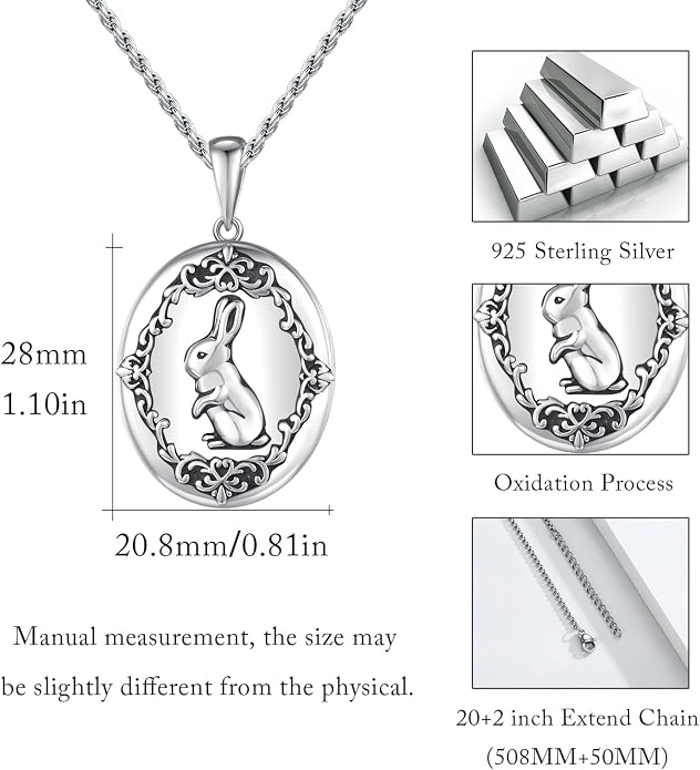 CUOKA MIRACLE Rabbit Locket Necklace, Bunny Locket Pendant 925 Sterling Silver Vintage Rabbit Photo Lockets That Holds Pictures Personalized Customize Jewelry Gift for Women Girls Wife Mother