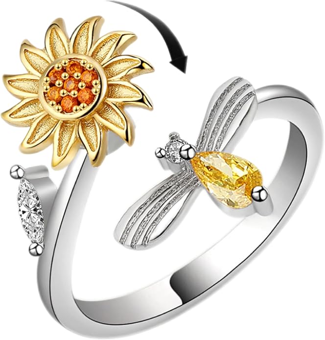 Fidget Ring Anxiety Spinner Ring Open Adjustable Sunflower Star Moon Windmill Butterfly Rings Daisy Stress Relieving Fidget Women Cubic Zirconia Anti Stress Mood Rotate Inspirations Jewelry