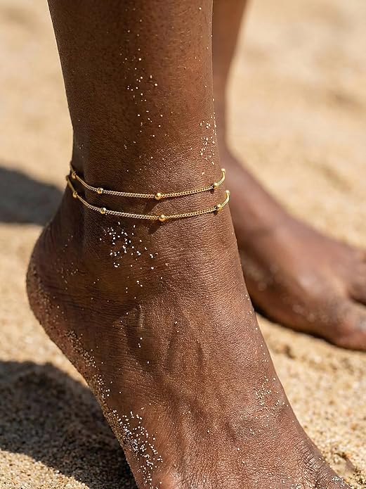 FOCALOOK 14K Gold Plated Anklets for Women Waterproof Plus Size Ankle Bracelet 8.5-10.5 Inch Adjustable Mariner/Figaro/Flat Snake/Cuban Link Chain Anklet Jewelry for Summer Beach Holiday