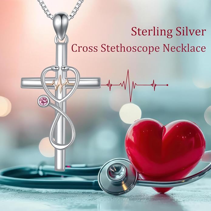 HPQQ Gifts for Nurse Sterling Silver Stethoscope Cross Necklace Nurses Birthstone Jewelry Nursing Themed Medicine Nurses Week Graduation Gifts Doctor Medical Student RN
