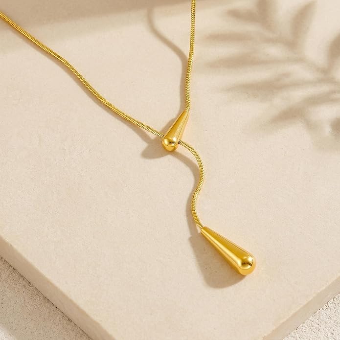 18k Gold Long Necklace for Women Dainty Snake Chain Bolo Adjustable Minimalist Round Bead Jewelry Trendy Simple Aesthetic Gifts for Her
