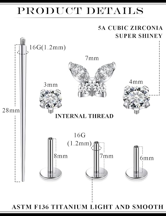 20G 18G 16G Astm F136 Titanium Internal Thread Flat Back Earrings Nose Studs Tragus Forward Helix Conch Cartilage Lobe Earring Stud Medusa Labret Monroe Lip Ring Piercing Jewelry For Women Men