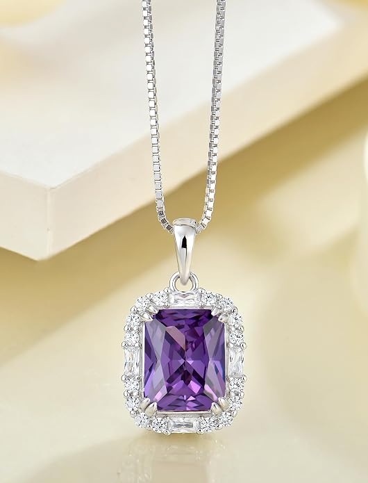 Princess Cut Necklaces for Women, 925 Sterling Silver Emerald Cut Birthstone Pendant Necklace Halo Square Rectangle Jewelry Gifts for Her