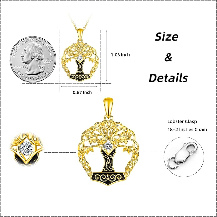 Tree of Life Thor Hammer Pendant Necklace for Women Sterling Silver S925 Jewelry for Women US1