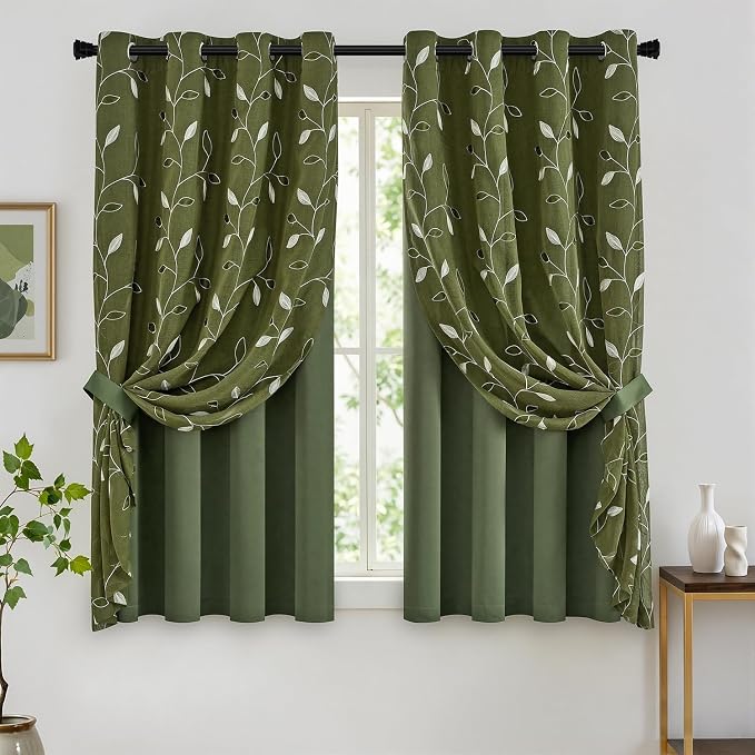 MIULEE Olive Green Double Layer Curtains 63 Inches Long, Leaf Patterned Sheer Floral Drapes and Blackout Room Darkening Window Curtains for Living Room Bedroom, Grommets Top, 52" W x 63" L, 2 Panels