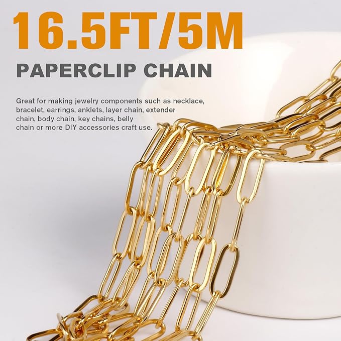 [16.5 Ft] Stainless Steel Paperclip Chains Roll, 4.3mm Width 18K Gold PVD Plated Stainless Steel Oval Link Chains Spool Bulk for Jewelry Making