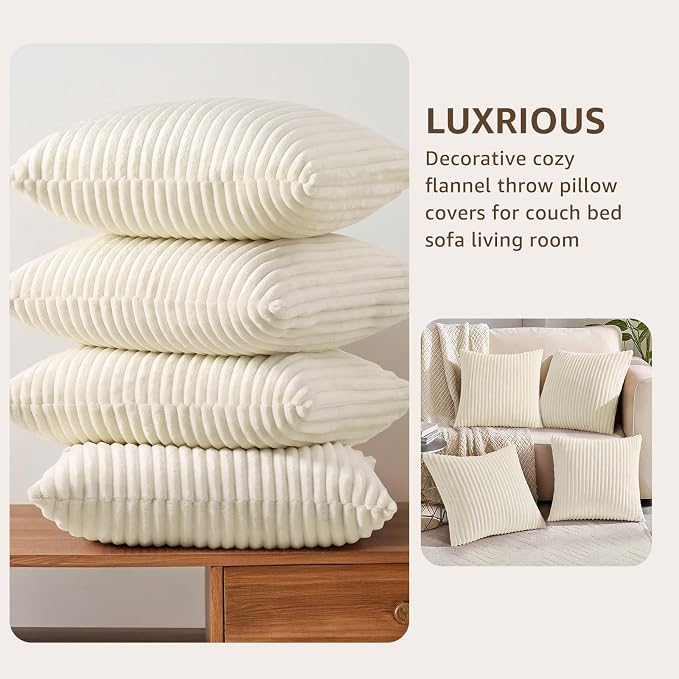 decorUhome Flannel Cream White Throw Pillow Covers 18x18 Set of 4 | Decorative Fall Soft Fluffy Striped Double-Sided Couch Pillow Covers, Modern Farmhouse Pillow Cases for Sofa bed Home Decor