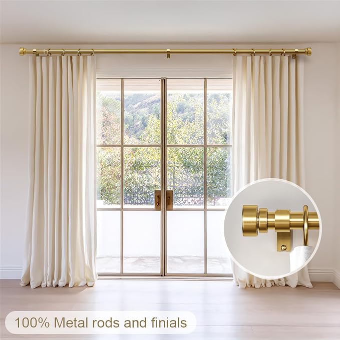 Lootkell 2 Pack Gold Curtain Rods Set for Windows 48 to 84 Heavy Duty 1" Diameter Adjustable Window Single Rods with Solid Metal Finials for Bedroom Living Room Kitchen Farmhouse