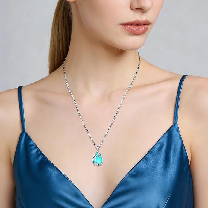 Turquoise/Amethyst/Moonstone/Black Onyx Tree of Life Necklace for Women Hummingbird Necklaces White Gold Plated Copper Jewelry
