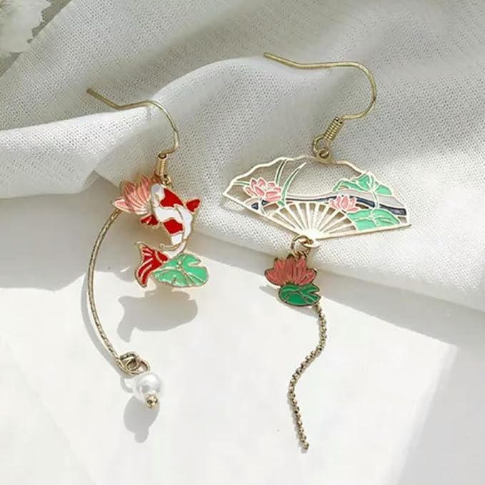 Cute Asymmetric Cat Moon Flower Long Tassel Stud Dangle Earrings Women Jewelry-Carp & Lotus Fan