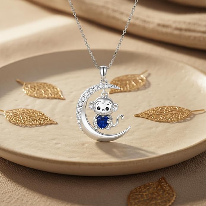 PROESS Animal Birthstone Necklace 925 Sterling Silver Otter/Axolotl/Hippo/Elephant/Dachshund/Monkey/Red Panda Pendant Necklace Animal Birthstone Jewelry Gifts for Women
