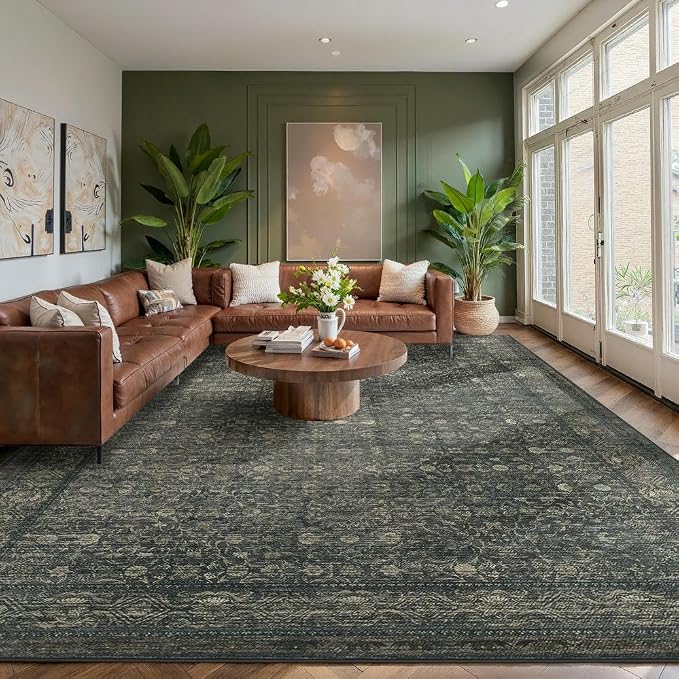 9x12 Washable Area Rug for Living Room, Extra Large,Green Vintage Floral Boho Rugs for Dining Room, Farmhouse, Durable Low Pile Non Slip Carpet for High Traffic Areas, Moss Brown