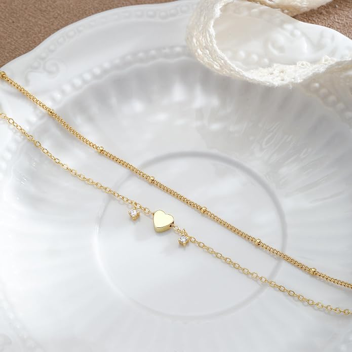 Ankle Bracelets for Women 14K Gold/Silver Plated Cross Heart Bead Anklet Waterproof Adjustable Chain Non Tarnish Cute Boho Trendy Dainty Summer Beach Foot Jewelry Gift for Her