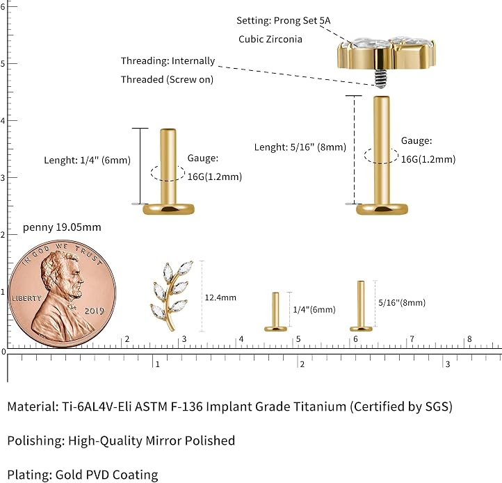 FINE4U 1PC Leaf Flat Back Stud Flat, Helix, Conch, Tragus 6mm 8mm - ASTM F136 Titanium Screw on Body Piercing Jewelry