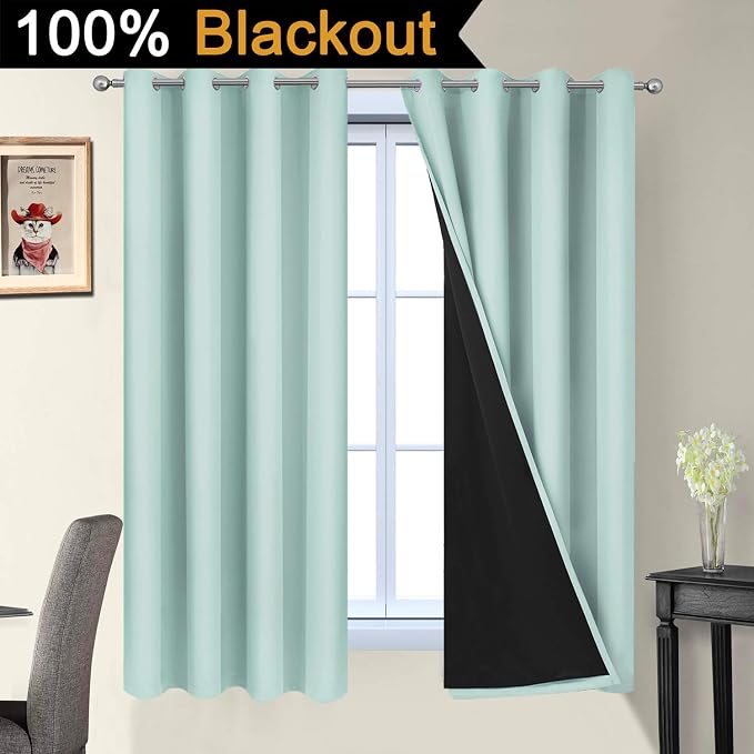 Yakamok Aqua 100% Blackout Curtains 63 Inches Long for Bedroom 52" Wide | Blackout Curtain Panels for Bedroom, 2 Thick Layers Grommet Top Thermal Insulated Drapes with Black Liner for Living Room