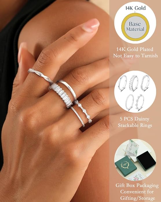 Stackable Silver/Gold Rings for Women Non Tarnish Trendy Dainty 14K Gold Plated Stacking Cubic Zirconia Thumb Ring Set Minimalist Promise Wedding Bands Engagement Rings for Women Size 6-10