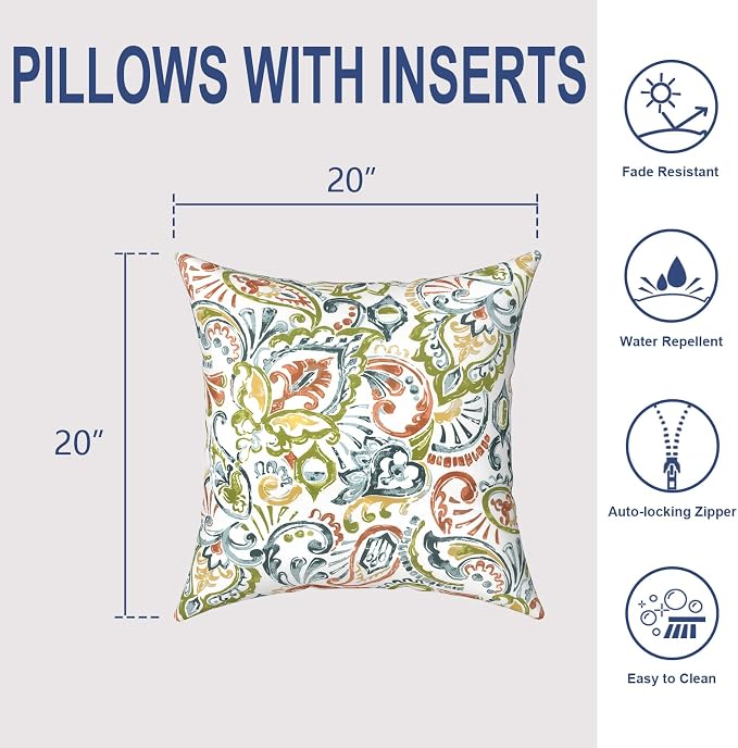 Outdoor 20x20 Inch Throw Pillows with Inners, Square Pillows Decorative Set of 2 for Home Garden Furniture, Paisley Botanical