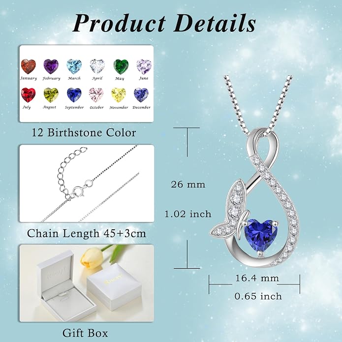 Infinity Butterfly Necklace for Women 925 Sterling Silver Heart Birthstone Created Gemstone Pendant Jewelry Gifts for Women Her