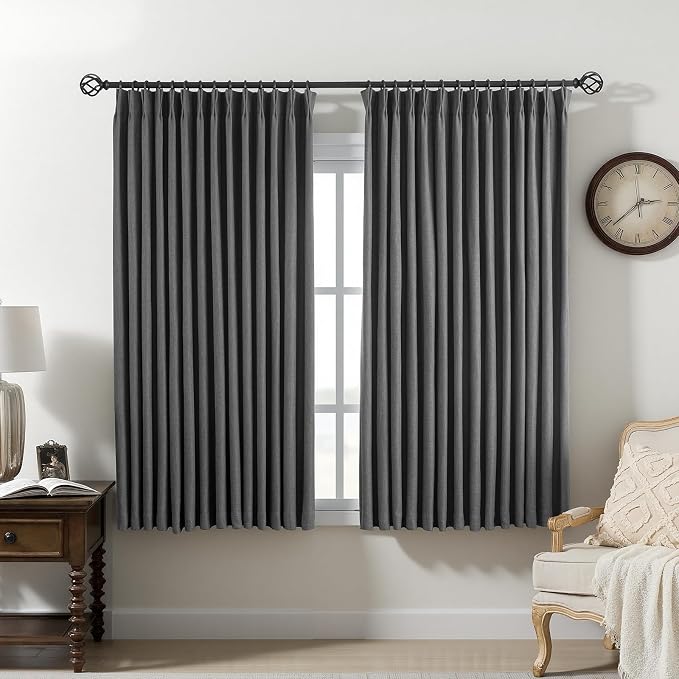 Pinch Pleated Curtains 100% Blackout Linen Curtains 63 Inches Long for Bedroom Living Room, Dark Gray Memory Trained Thermal Insulated Room Darkening Window Drapes with Hooks 2 Panels 40"Wx63"L