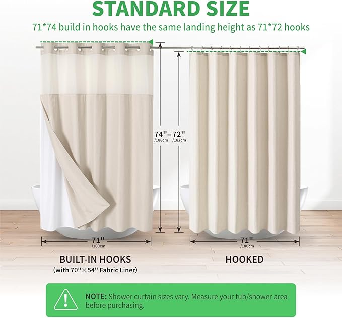 eachope Boho Farmhouse No Hook Shower Curtain Set with Snap-in Fabric Liner,Heavy-Duty Linen Textured Rustic Striped Design,Water-Repellent with Tassels and Sheer Window,Cream/Beige,71x74