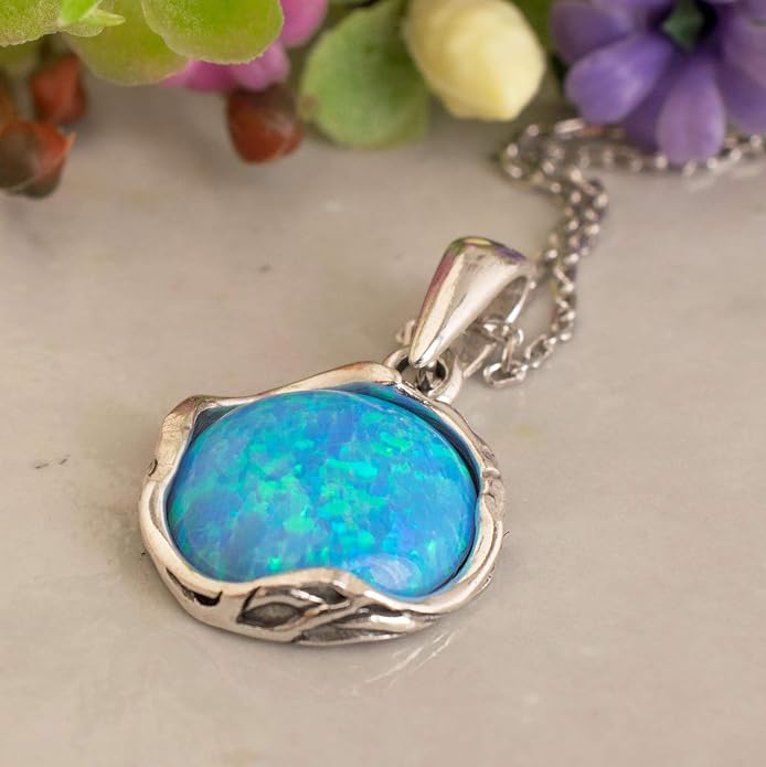 ADITA GOLD 925 Sterling Silver Blue Opal Necklace Women - Blue Opal Pendant Necklace Silver- October Birthstone Necklace - Silver Jewelry for Women- Minimalist Jewelry- Birthstone Necklaces