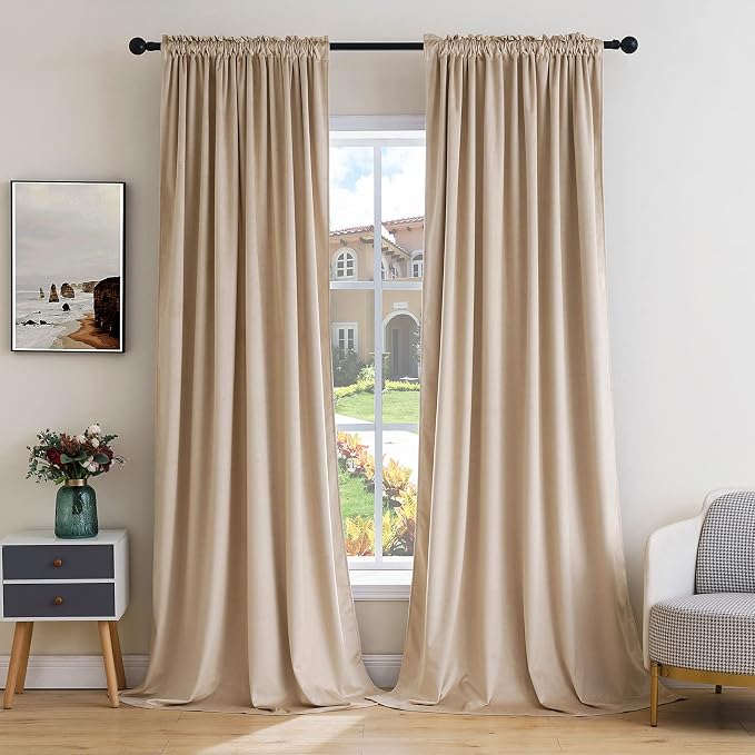 MIULEE Camel Beige Blackout Velvet Curtains Drapes 96 Inch Long 52"x96" | Luxurious Bedroom Living Room Decor, Room Darkening, Thermal Insulated, Rod Pocket Design, Super Soft Fabric