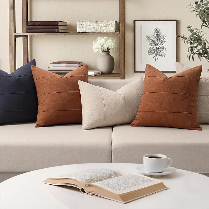 ZWJD 12x20 Pillow Covers Set of 2 Decorative Linen Lumbar Pillow Covers Solid Handcrafted Striped Cushion Covers for Bed Soft Modern Farmhouse Neutral Pillowcase for Couch Bedroom Living Room (Rust)