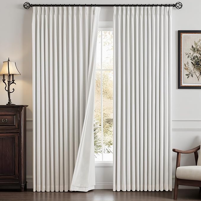 Pinch Pleated Rayon Blend Blackout Curtains for Bedroom - Ivory Full Black Out Curtains 90 Inch 2 Panels Set for Living Room Darkening Thermal Window Curtain Drapes with 16pc Hooks