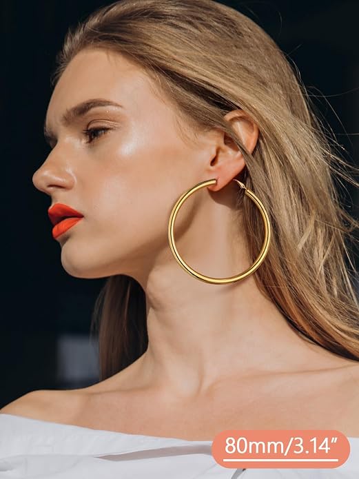 FaithHeart Chunky Hoop Earrings for Women, Silver/Black/14K Gold Plated Stainless Steel Earrings 5mm Thick Hollow Tube Hoops Hypoallergenic Lightweight Earring 20/30/40/50/60/70/80mm